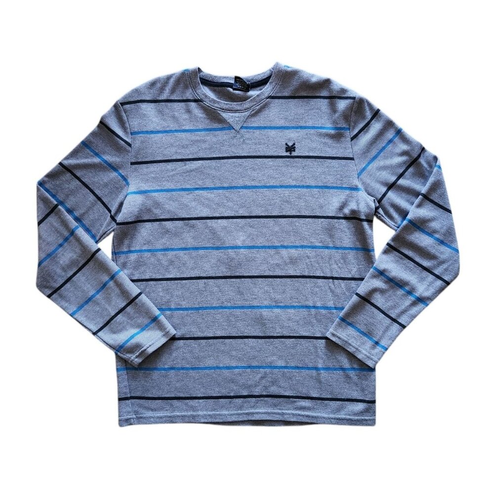 Zoo York Sweater Blue Gray Long Sleeve Men's Size L Striped Crew Neck Fine Knit